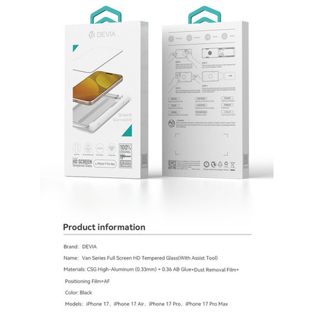 Verre trempé FullCover avec applicateur pour iPhone 17, Devia