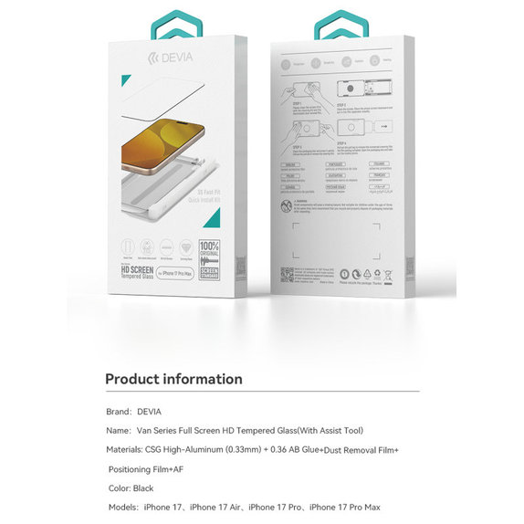 Verre trempé FullCover avec applicateur pour iPhone 17 Pro Max, Devia