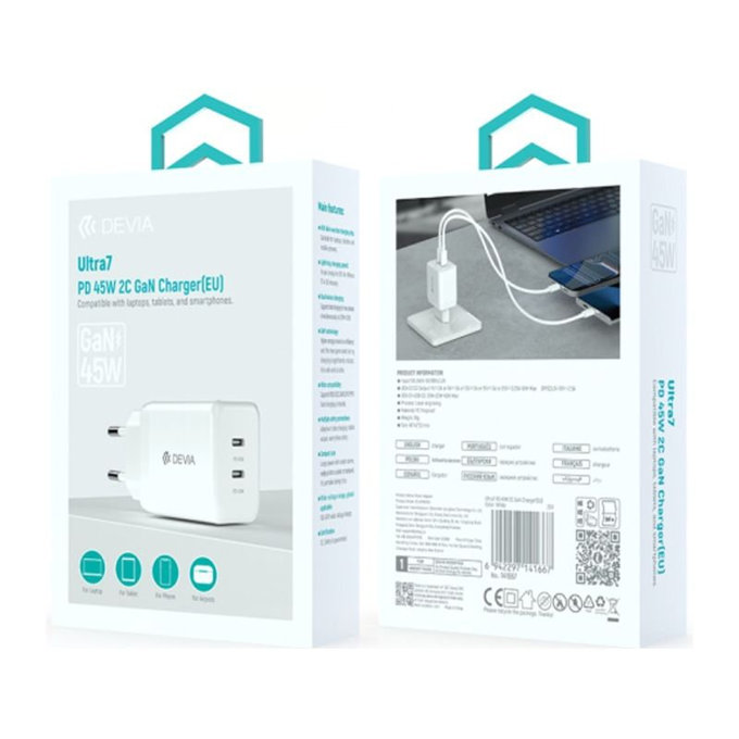 Adaptateur de charge Ultra7, 2x USB-C, PD 45W, blanc, Devia