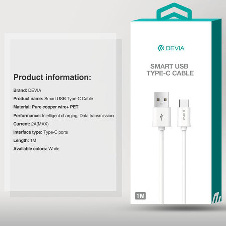 Câble USB / USB-C Smart, 2.1A, 1m, blanc, Devia