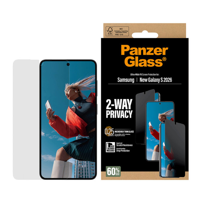 PanzerGlass - Verre trempé UWF 2-Way Privacy avec applicateur pour Samsung Galaxy S26, transparent