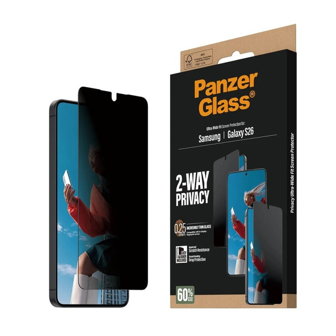 PanzerGlass - Verre trempé UWF 2-Way Privacy avec applicateur pour Samsung Galaxy S26, transparent