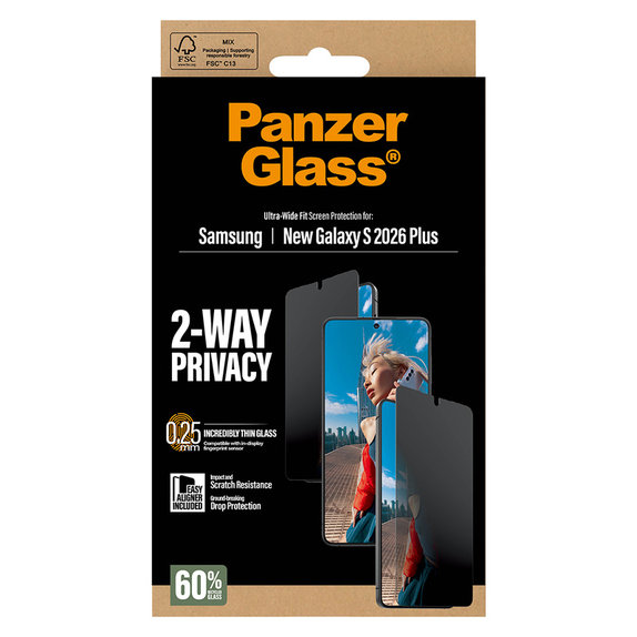 Verre trempé UWF 2-Way Privacy avec applicateur pour Samsung Galaxy S26+, Clair, PanzerGlass