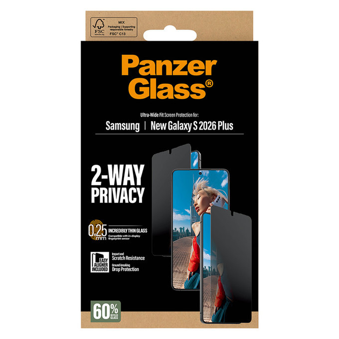 Verre trempé UWF 2-Way Privacy avec applicateur pour Samsung Galaxy S26+, Clair, PanzerGlass