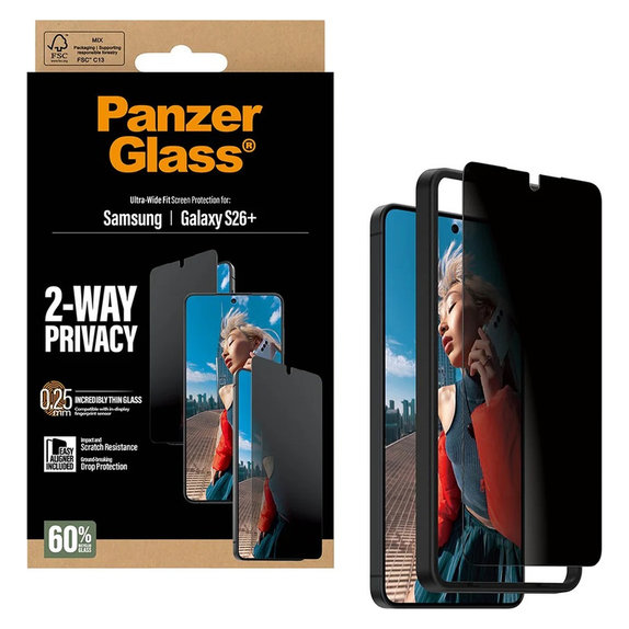 Verre trempé UWF 2-Way Privacy avec applicateur pour Samsung Galaxy S26+, Clair, PanzerGlass