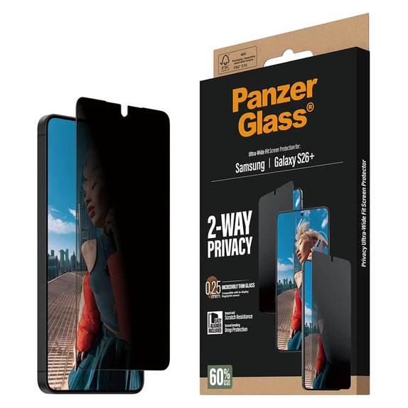 Verre trempé UWF 2-Way Privacy avec applicateur pour Samsung Galaxy S26+, Clair, PanzerGlass