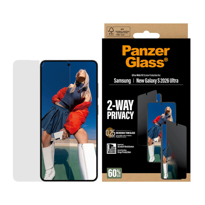 PanzerGlass - Verre trempé UWF 2-Way Privacy avec applicateur pour Samsung Galaxy S26 Ultra, transparent