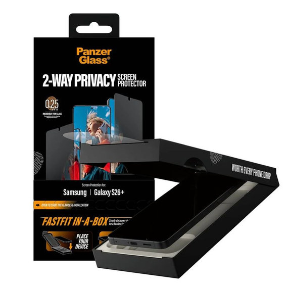 PanzerGlass - Verre trempé UWF 2-Way Privacy avec FASTFIT In-A-Box pour Samsung Galaxy S26+, transparent