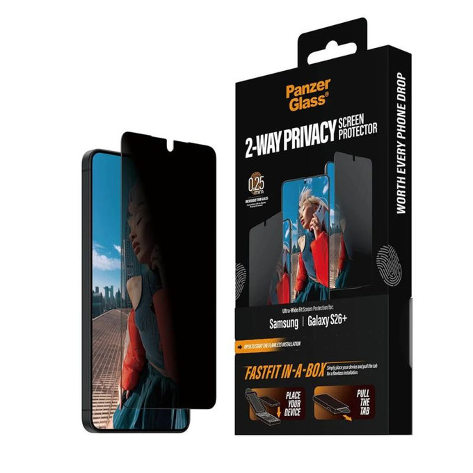 PanzerGlass - Verre trempé UWF 2-Way Privacy avec FASTFIT In-A-Box pour Samsung Galaxy S26+, transparent