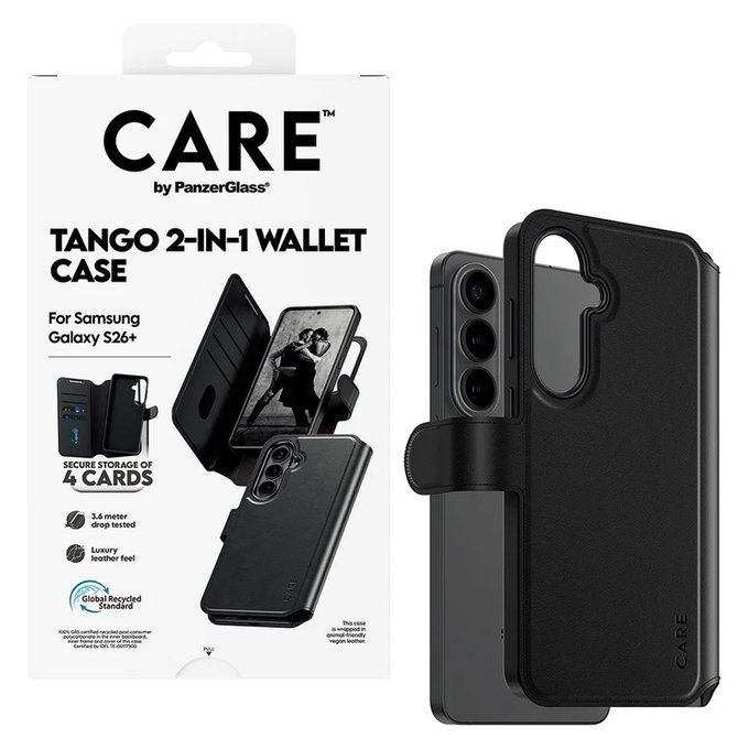 Étui Tango Wallet Two-In-One avec QI pour Samsung Galaxy S26+, Noir, PanzerGlass