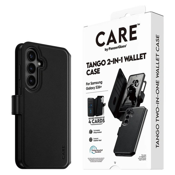 Étui Tango Wallet Two-In-One avec QI pour Samsung Galaxy S26+, Noir, PanzerGlass