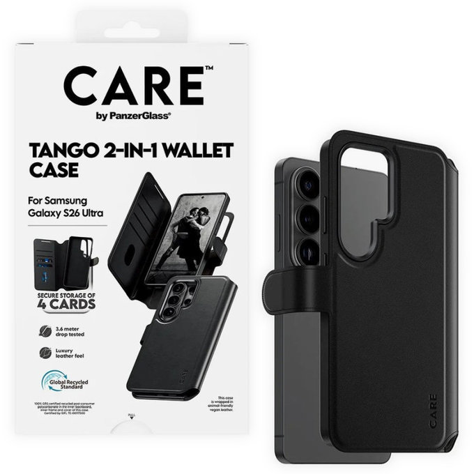 Étui Wallet Tango Two-In-One avec QI pour Samsung S26 Ultra, noir, CARE