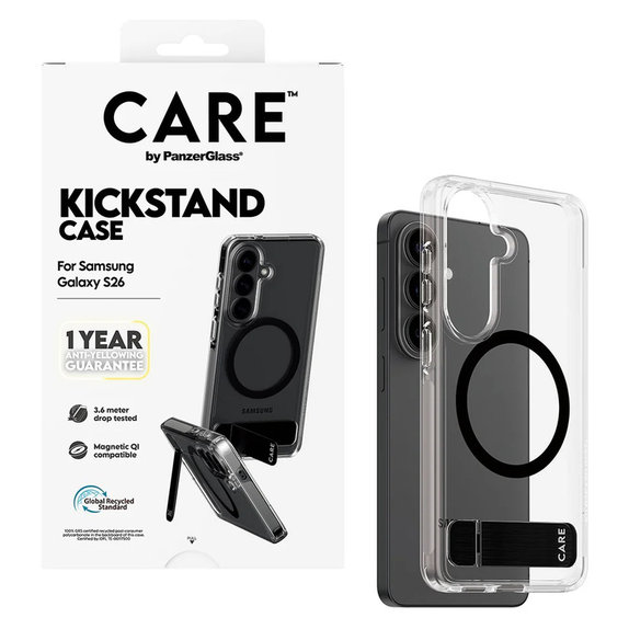 Étui Kickstand avec QI noir pour Samsung Galaxy S26, Transparent, PanzerGlass