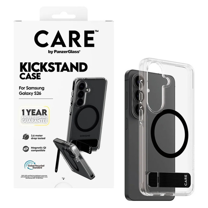 Étui Kickstand avec QI noir pour Samsung Galaxy S26, Transparent, PanzerGlass