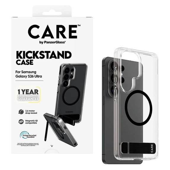 Étui Kickstand avec QI noir pour Samsung Galaxy S26 Ultra, Transparent, PanzerGlass