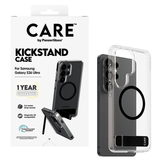 Étui Kickstand avec QI noir pour Samsung Galaxy S26 Ultra, Transparent, PanzerGlass