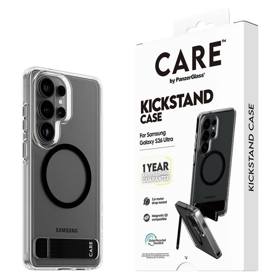 Étui Kickstand avec QI noir pour Samsung Galaxy S26 Ultra, Transparent, PanzerGlass