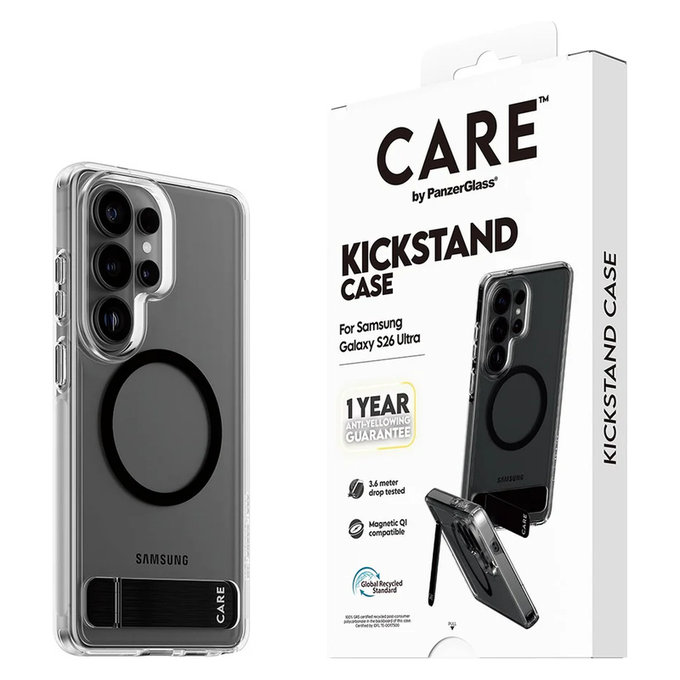 Étui Kickstand avec QI noir pour Samsung Galaxy S26 Ultra, Transparent, PanzerGlass