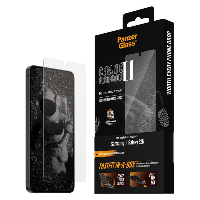 Verre trempé UWF Ceramic avec FASTFIT In-A-Box pour Samsung Galaxy S26, Clair, PanzerGlass