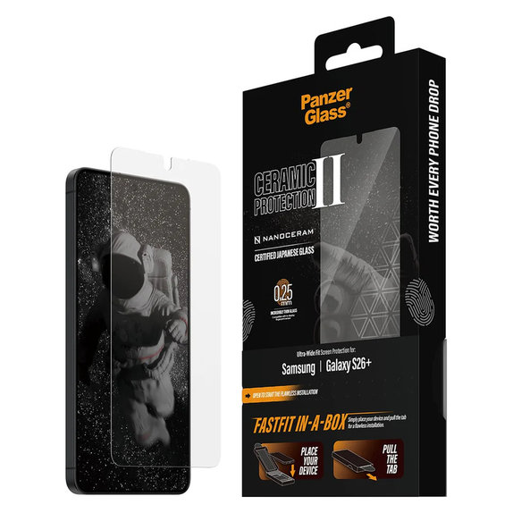 Verre trempé UWF Ceramic avec FASTFIT In-A-Box pour Samsung Galaxy S26+, Clair, PanzerGlass