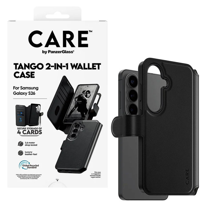 Étui Tango Wallet Two-In-One avec QI pour Samsung Galaxy S26, Noir, PanzerGlass