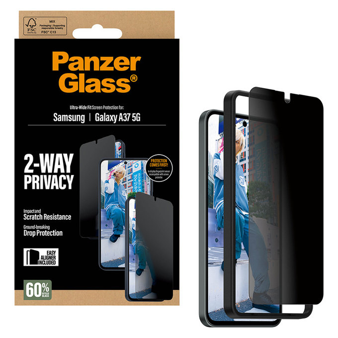 Verre trempé UWF Privacy avec applicateur pour Samsung Galaxy A37, Clair, PanzerGlass