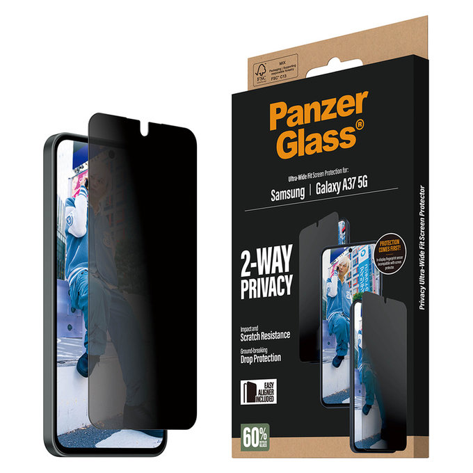 Verre trempé UWF Privacy avec applicateur pour Samsung Galaxy A37, Clair, PanzerGlass