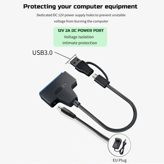 Adaptateur USB 3.0 / USB-C vers SATA pour HDD/SSD 2.5" et 3.5", avec alimentation