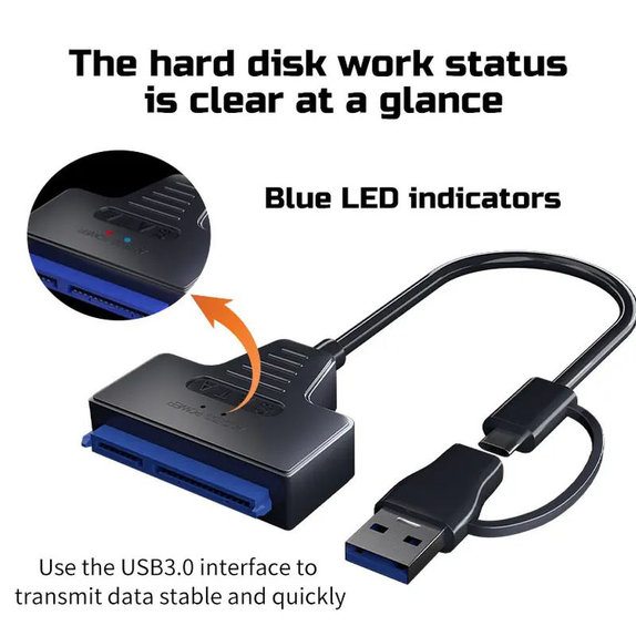 Adaptateur USB 3.0 / USB-C vers SATA pour HDD/SSD 2.5" et 3.5", avec alimentation