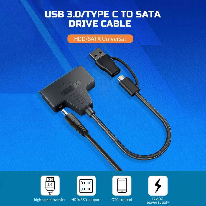 Adaptateur USB 3.0 / USB-C vers SATA pour HDD/SSD 2.5" et 3.5", avec alimentation