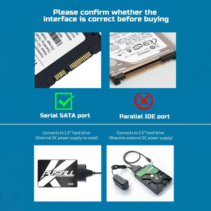 Adaptateur USB 3.0 / USB-C vers SATA pour HDD/SSD 2.5" et 3.5", avec alimentation