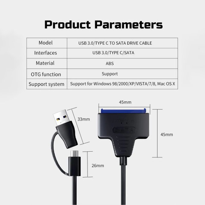 Adaptateur USB 3.0 / USB-C vers SATA pour HDD/SSD 2.5" et 3.5", avec alimentation
