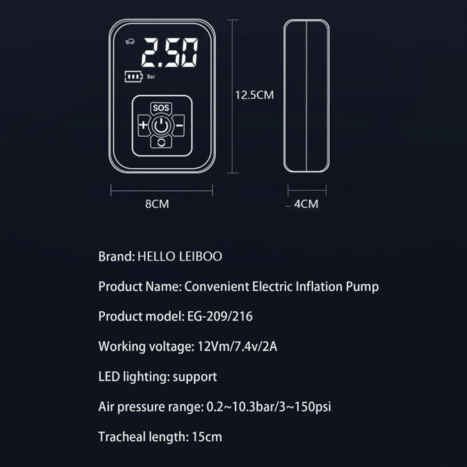 Compresseur d'air sans fil avec écran numérique, 150 PSI, noir