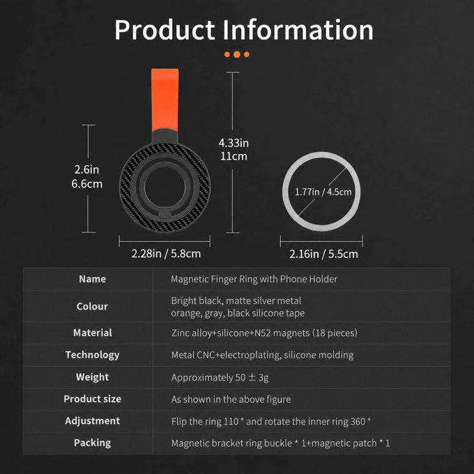 Support magnétique pour téléphone avec lanière, noir-orange