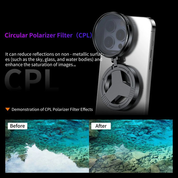 Filtre polarisant CPL 52mm avec support magnétique pour smartphone