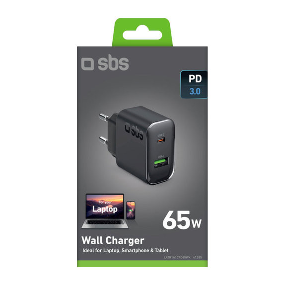 Adaptateur de voyage USB-A/USB-C, GaN, 65 W PD, noir, SBS