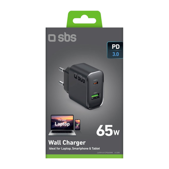 Adaptateur de voyage USB-A/USB-C, GaN, 65 W PD, noir, SBS
