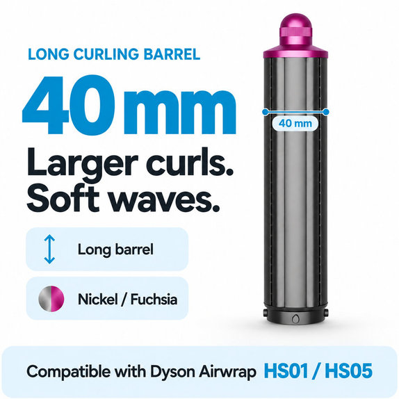 Embout long pour boucles pour Dyson Airwrap HS01, HS05, 40 mm, Nickel / Fuchsia