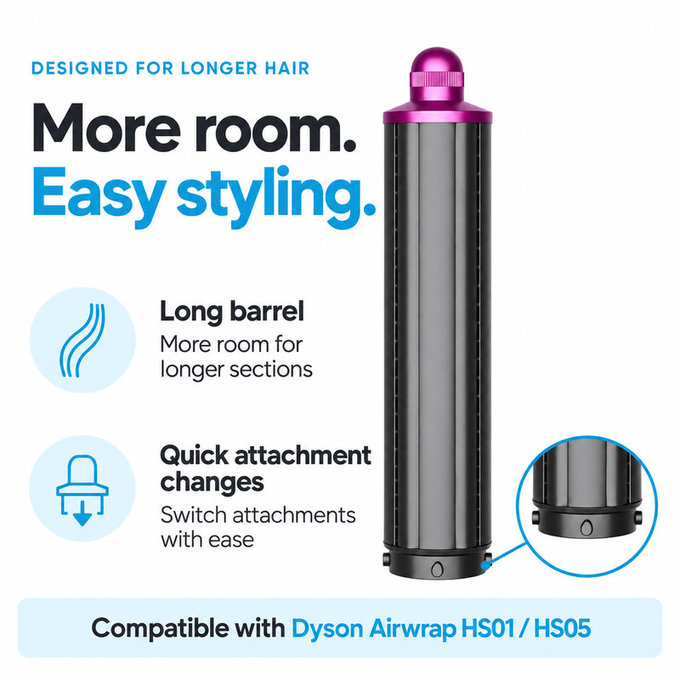 Embout long pour boucles pour Dyson Airwrap HS01, HS05, 40 mm, Nickel / Fuchsia