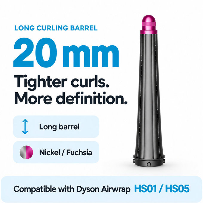 Embout long pour boucles pour Dyson Airwrap HS01, HS05, 20 mm, Nickel / Fuchsia