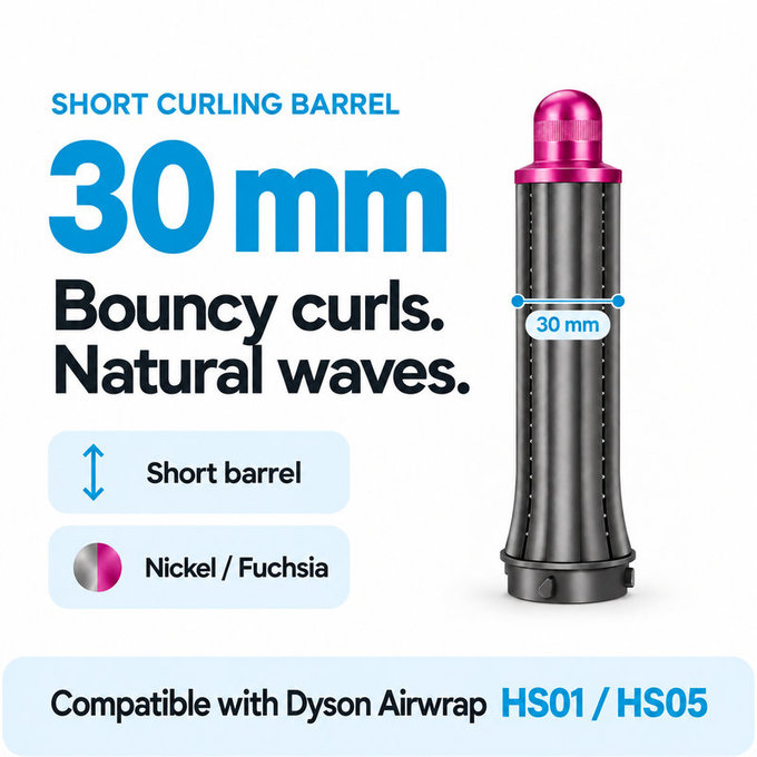 Embout court pour boucles pour Dyson Airwrap HS01, HS05, 30 mm, Nickel / Fuchsia