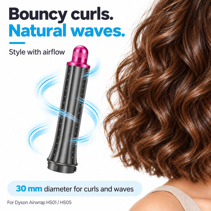 Embout court pour boucles pour Dyson Airwrap HS01, HS05, 30 mm, Nickel / Fuchsia