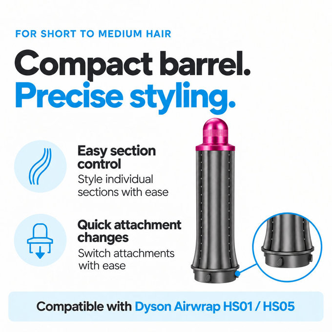 Embout court pour boucles pour Dyson Airwrap HS01, HS05, 30 mm, Nickel / Fuchsia