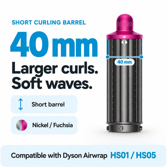Embout court pour boucles pour Dyson Airwrap HS01, HS05, 40 mm, Nickel / Fuchsia