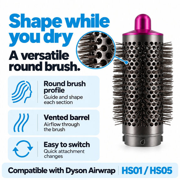 Brosse ronde moyenne volumisante pour Dyson Airwrap HS01, HS05, Iron / Fuchsia