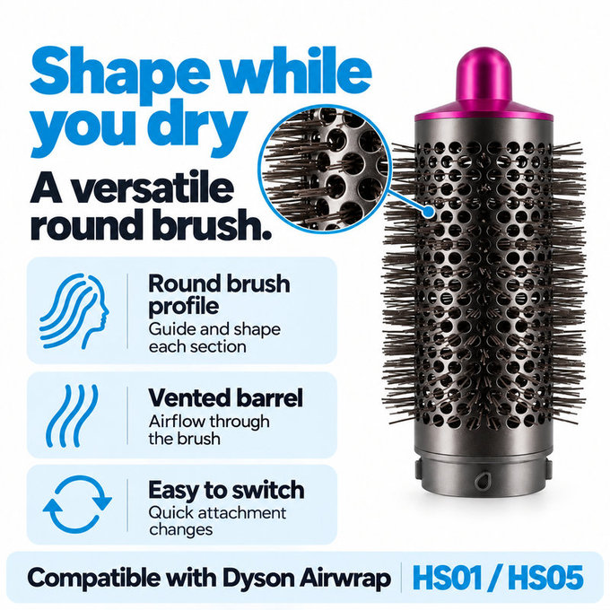 Brosse ronde moyenne volumisante pour Dyson Airwrap HS01, HS05, Iron / Fuchsia