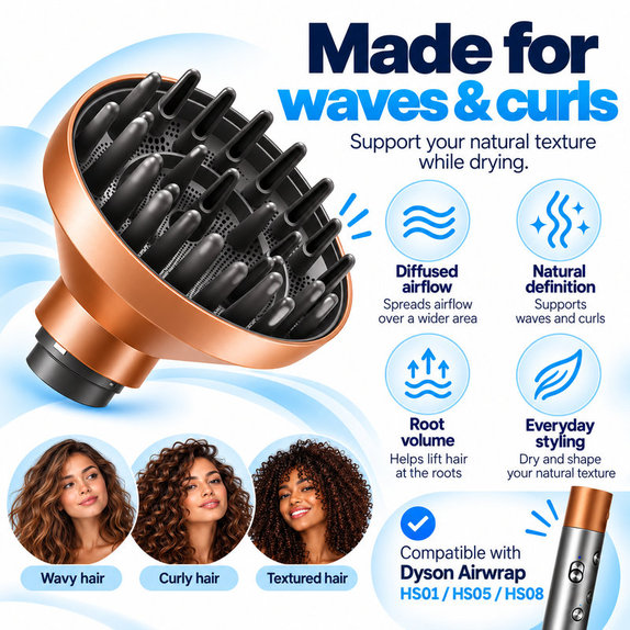 Diffuseur Wave + Curl pour Dyson Airwrap HS01, HS05, HS08, Copper