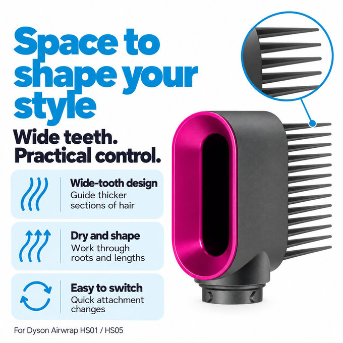 Peigne à dents larges pour Dyson Airwrap HS01, HS05, Iron / Fuchsia
