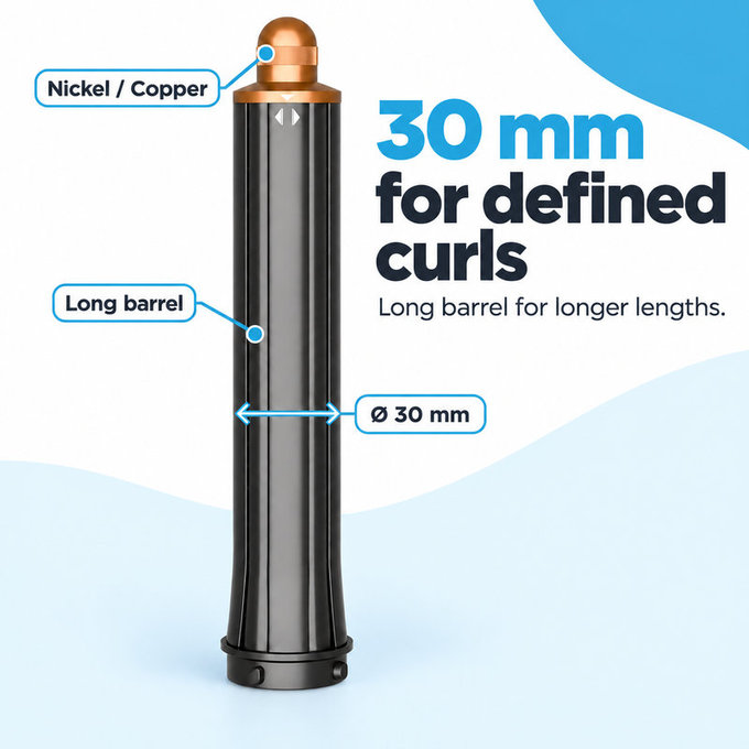 Embout long pour boucles pour Dyson Airwrap HS01, HS05, 30 mm, Nickel / Copper