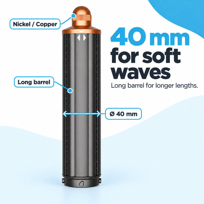 Embout long pour boucles pour Dyson Airwrap HS01, HS05, 40 mm, Nickel / Copper
